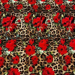 Tessuto Lycra fantasia leopardata con rose rosse
