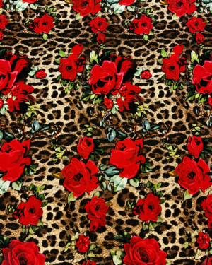 Tessuto Lycra fantasia leopardata con rose rosse